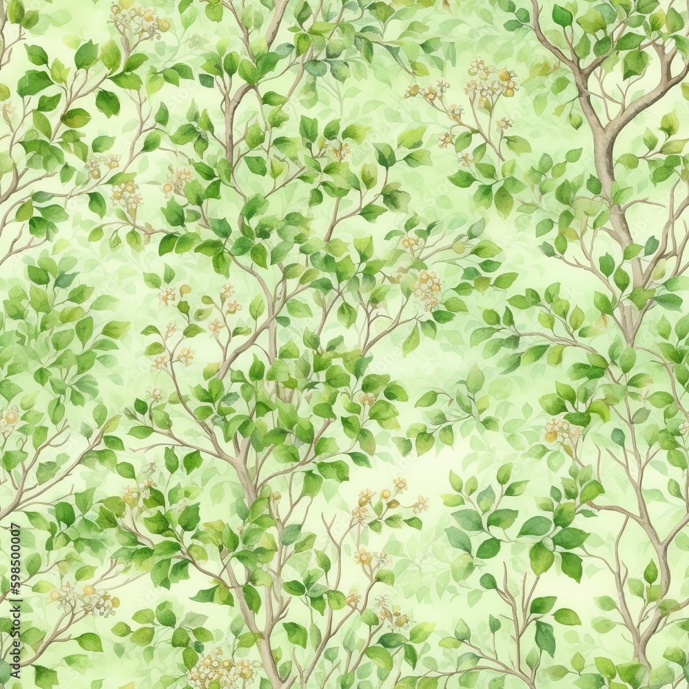 Fototapeta premium Spring greenery pattern, green leaves and branches field background seamless pattern, Generative AI