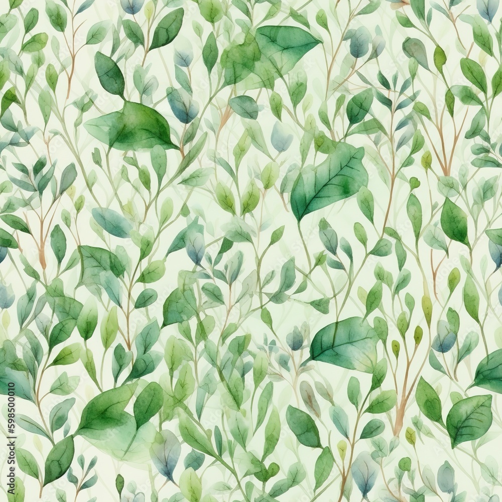 Spring greenery pattern, green leaves and branches field background seamless pattern, Generative AI Spring greenery pattern, green leaves and branches field background seamless pattern, Generative AI