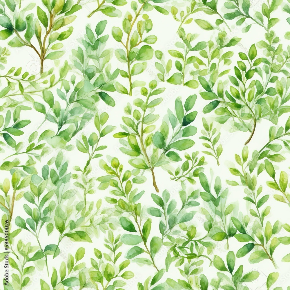 Spring greenery pattern, green leaves and branches field background seamless pattern, Generative AI