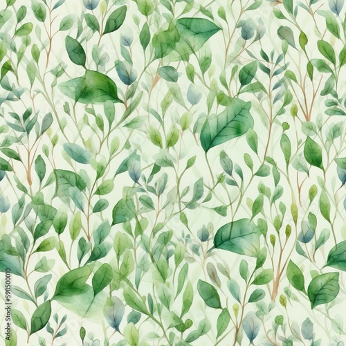 Spring greenery pattern  green leaves and branches field background seamless pattern  Generative AI