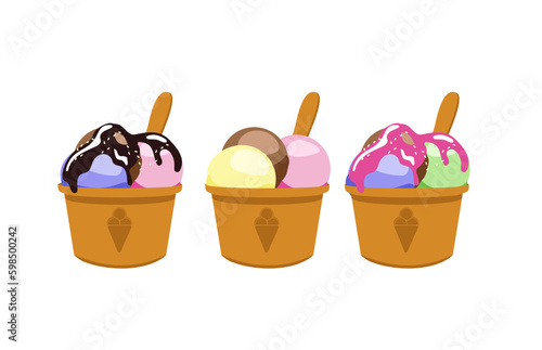 Vector illustration of natural Ice Cream, poster with soft serve neapolitan icecream in takeaway cup, 3 colorful scoop balls of italian gelato in cardboard container
