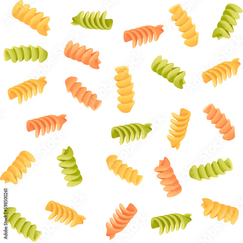 Seamless pattern colored pasta fusilli cuisine staples vector illustration on white background