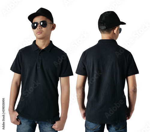 Blank collared shirt mock up template, front and back view, Asian teenage male model wearing plain black t-shirt isolated on white. Polo tee design mockup presentation