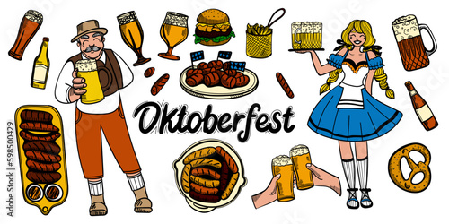 Oktoberfest food and symbols collection. Vector Oktoberfest objects and icons with lettering inscription Welcome to Oktoberfest. Beer, hat, meat,, hot dog, sausages, etc.