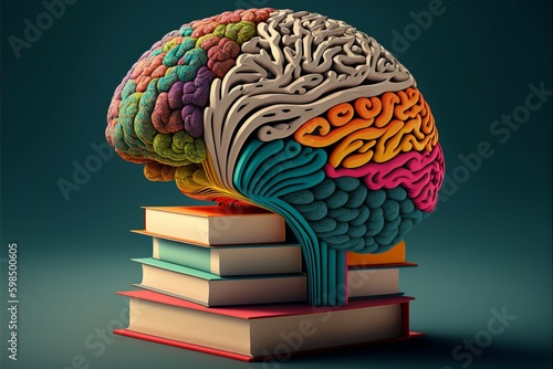 Brain and book learning education, colorful stock illustration background by Generative AI technology