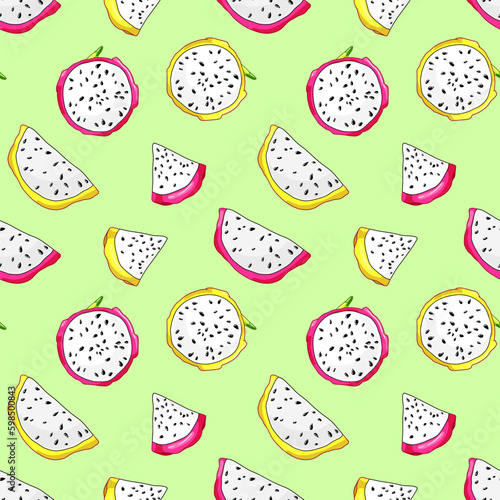 Exotic slices of dragon fruit in two colors. Yellow pitaya wallpaper. Tropical pink pitahaya seamless pattern. Exotic food green background