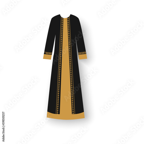 Beautiful arabian abaya dress style. Muslim hijab, islamic female dress. Long dress in gold and black colours.