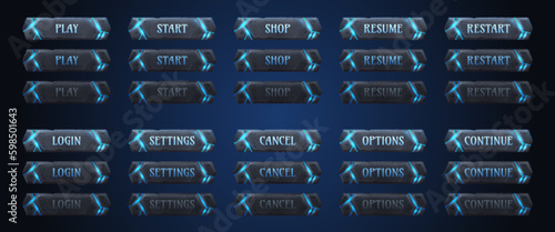 Old stone game buttons animation set. Vector cartoon illustration of frames with neon blue cracks. Play, start, shop, resume, restart, login, settings, click action sprite sheet. Gui design elements