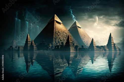 Pyramids in water world. Old civilisation. Generative AI