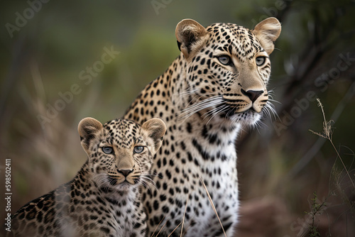 A Female Leopard and her cub seen on a safari in South Africa