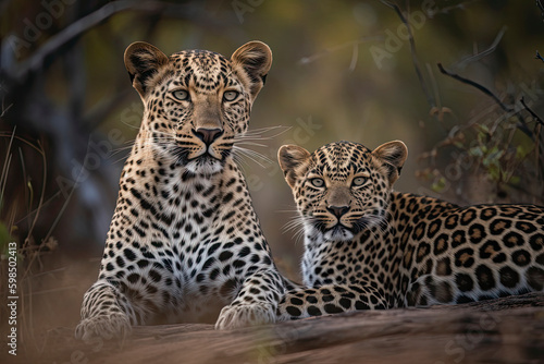 A Female Leopard and her cub seen on a safari in South Africa