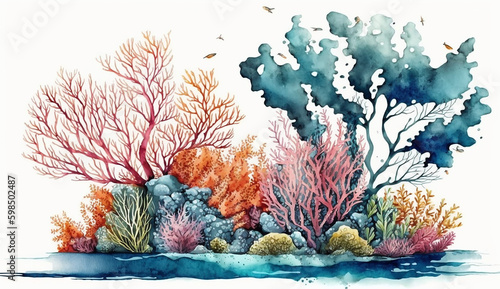 Fototapeta Naklejka Na Ścianę i Meble -  Beautiful watercolor hand-drawn underwater coral reef shell. Generative AI