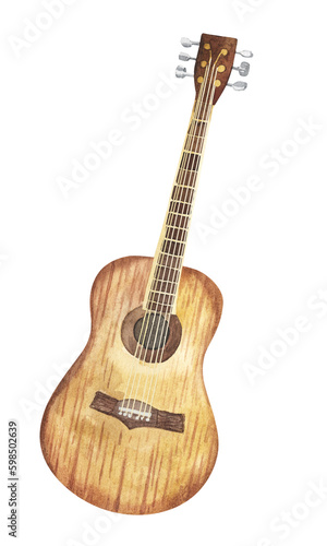 Wooden guitar music string instrument. Hand drawn watercolor illustration isolated on white background