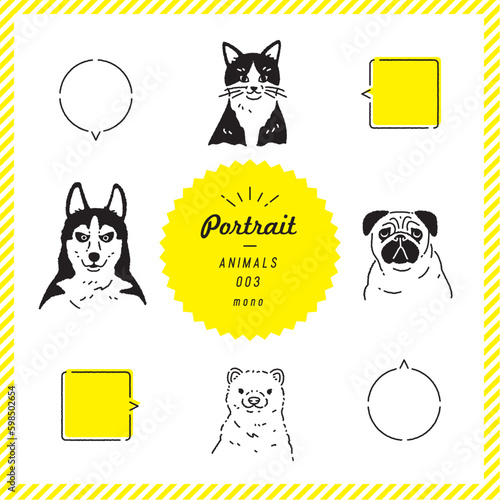 動物のポートレートイラストセット（モノクロ）