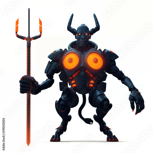 Demonic cyborg with horns holding a trident. Isolated on white background. Generative AI.