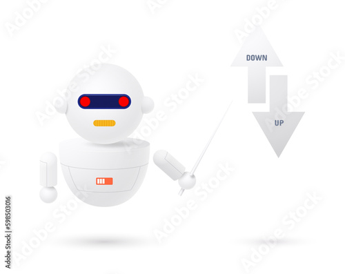 Funny smart robot with a pointer. The concept of issuing artificial intelligence search for false information.