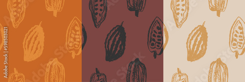 Cocoa fruits seamless pattern. Vector hand-drawn Cacao beans background for chocolate packaging ornament or powder. Old-fashioned cocoa plant illustrations for Bean to Bar label. Organic cacao butter.