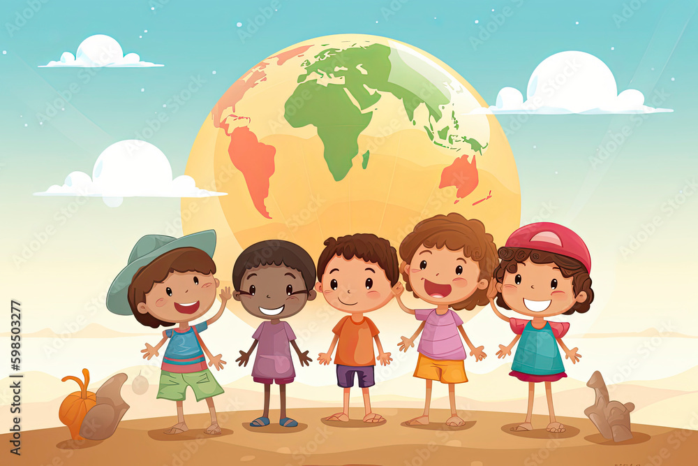 Close-up of children holding a planet at the beach,Vector illustration Close-up of children holding a planet at the beach,Vector illustration