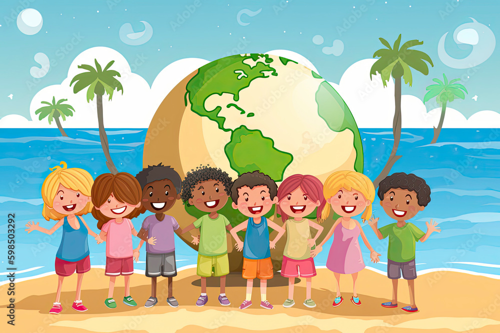 Close-up of children holding a planet at the beach,Vector illustration Close-up of children holding a planet at the beach,Vector illustration