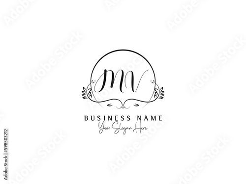 Feminine Signature MV Logo Letter, Floral Mv vm Luxury Minimal Logo Design