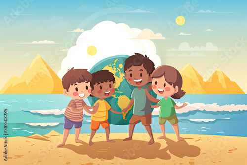 Close-up of children holding a planet at the beach Vector illustration