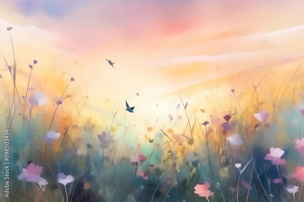 Watercolor of a spring meadow full of blooming flowers, birds and butterflies, Florals Background, Generative AI
