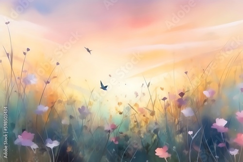 Watercolor of a spring meadow full of blooming flowers, birds and butterflies, Florals Background, Generative AI © thanakrit
