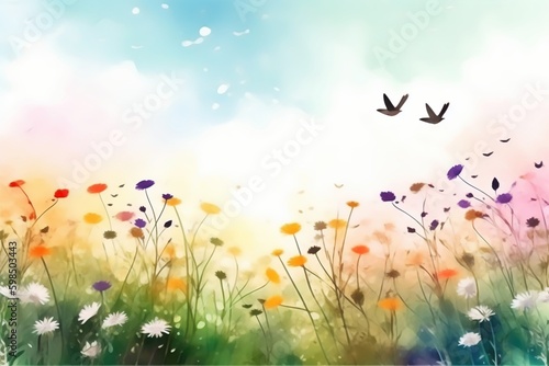 Watercolor of a spring meadow full of blooming flowers, birds and butterflies, Florals Background, Generative AI