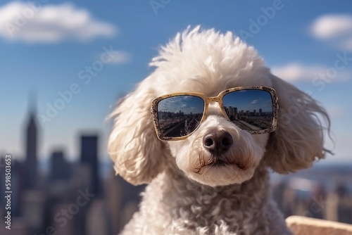 Portrait of traveler dogs on the background of the city close-up, created with Generative AI technology. © TATIANA