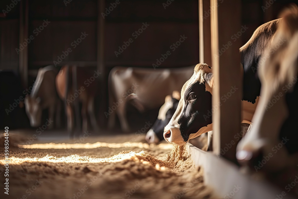 Healthy dairy cows feeding on fodder standing in row of stables in cattle farm barn with worker adding food for animals in blurred background. - obrazy, fototapety, plakaty 