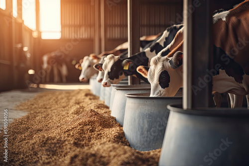 Healthy dairy cows feeding on fodder standing in row of stables in cattle farm barn with worker adding food for animals in blurred background. photo