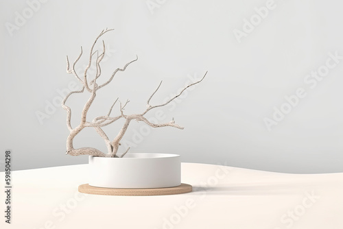 Wallpaper Mural Minimal mockup background for product presentation. Podium and dry tree twigs branch with white sand beach on white background. 3d rendering illustration. Clipping path of each element included. Torontodigital.ca