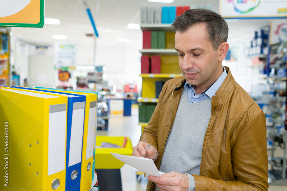 man with list in stationery store man with list in stationery store