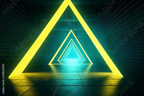 Neon Laser Triangle Circle Arc Alien Spaceship Tunnel Corridor Background Pantone Blue Yellow Stage Podium