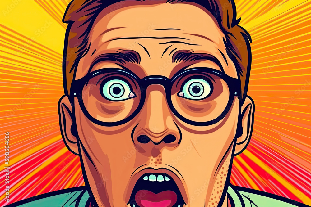 Pop art style Portrait of man in glasses says wow with open mouth to see something unexpected. Shocked guy with surprised expression. Emotions concept Pop art style Portrait of man in glasses says wow with open mouth to see something unexpected. Shocked guy with surprised expression. Emotions concept