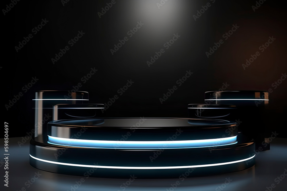 Futuristic dark podium with light and reflection background Futuristic dark podium with light and reflection background