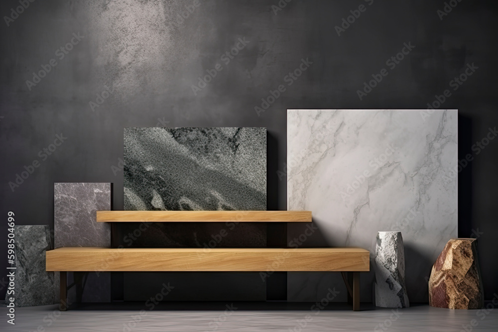 Product setting podium rough stone slabs, marble counter concrete table and stone shelves