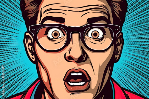 Pop art style Portrait of man in glasses says wow with open mouth to see something unexpected. Shocked guy with surprised expression. Emotions concept
