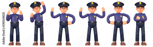 3d render of policeman in various situations, showing diverse emotions, gestures