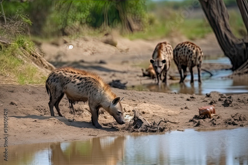 Spotted hyena on the river bank sniffing at dead hippo carcass lying in the water. Scavengers seen on African safari