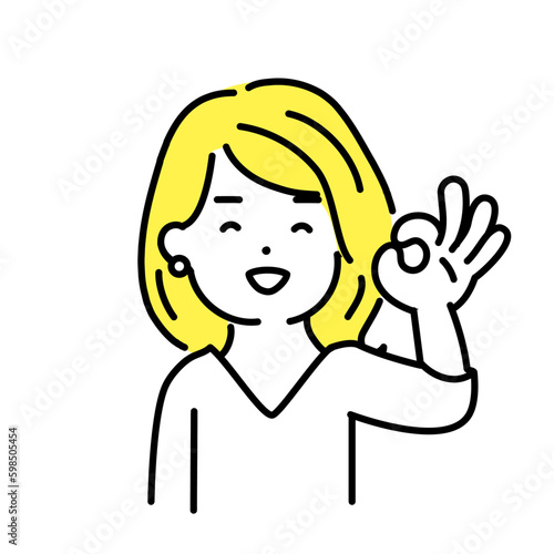 かわいい人物のイラストシリーズ。女性のオフィスワーカー。okサイン。　