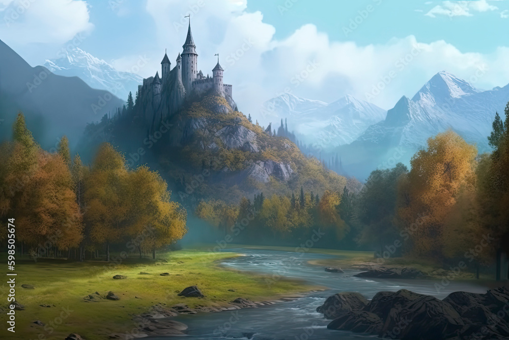 The Forest and Castle. Mountain and River. Fiction Backdrop