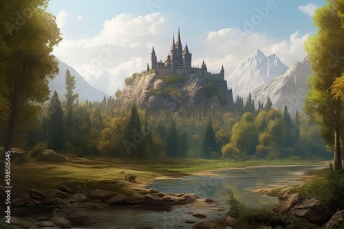 The Forest and Castle. Mountain and River. Fiction Backdrop