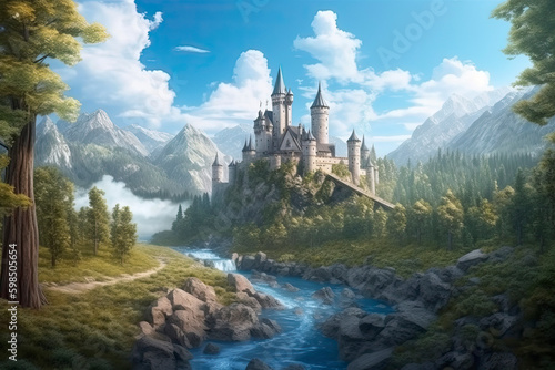The Forest and Castle. Mountain and River. Fiction Backdrop