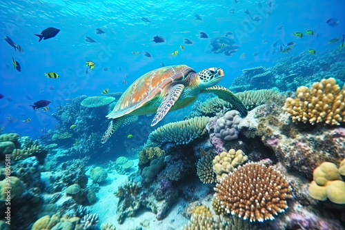underwater coral reef with colorful fish and turtle. marine life