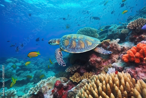 underwater coral reef with colorful fish and turtle. marine life © surassawadee