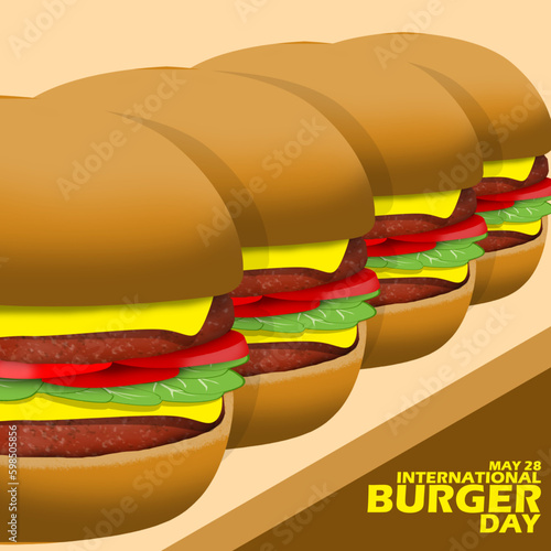 Several hamburgers stuffed with ham, vegetables and cheese neatly arranged on the table with bold text to celebrate International Burger Day on May 28