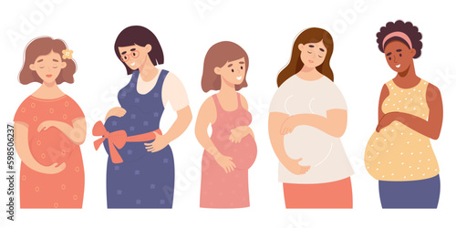 Pregnancy. Collection cute pregnant women. Diversity, light-skinned and dark ethnic girls gently hug their belly. Vector illustration in flat cartoon style. Isolated beautiful expectant mothers.