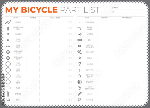 Vector list of individual parts that make up a bicycle