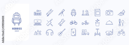 A collection sheet of outline icons for Hobbies and free time, including icons like Music, Art, Gams, Cinema and more